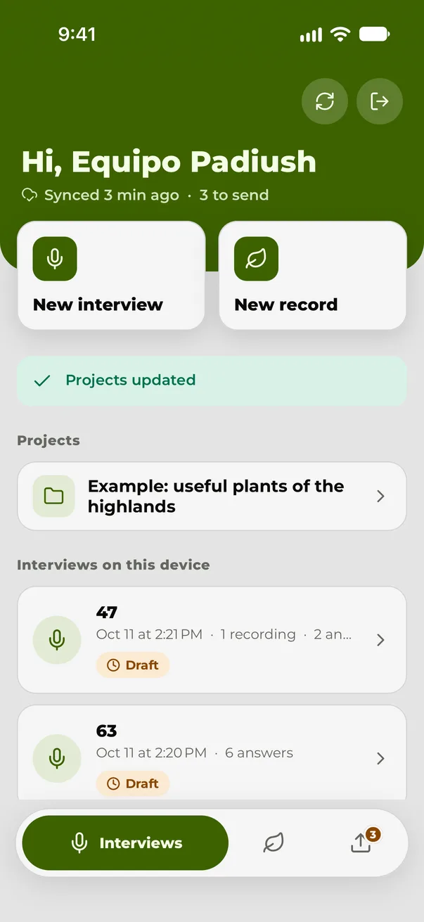 The field app's Interviews tab: when it last synced, what is still to send and the interviews saved on the phone.