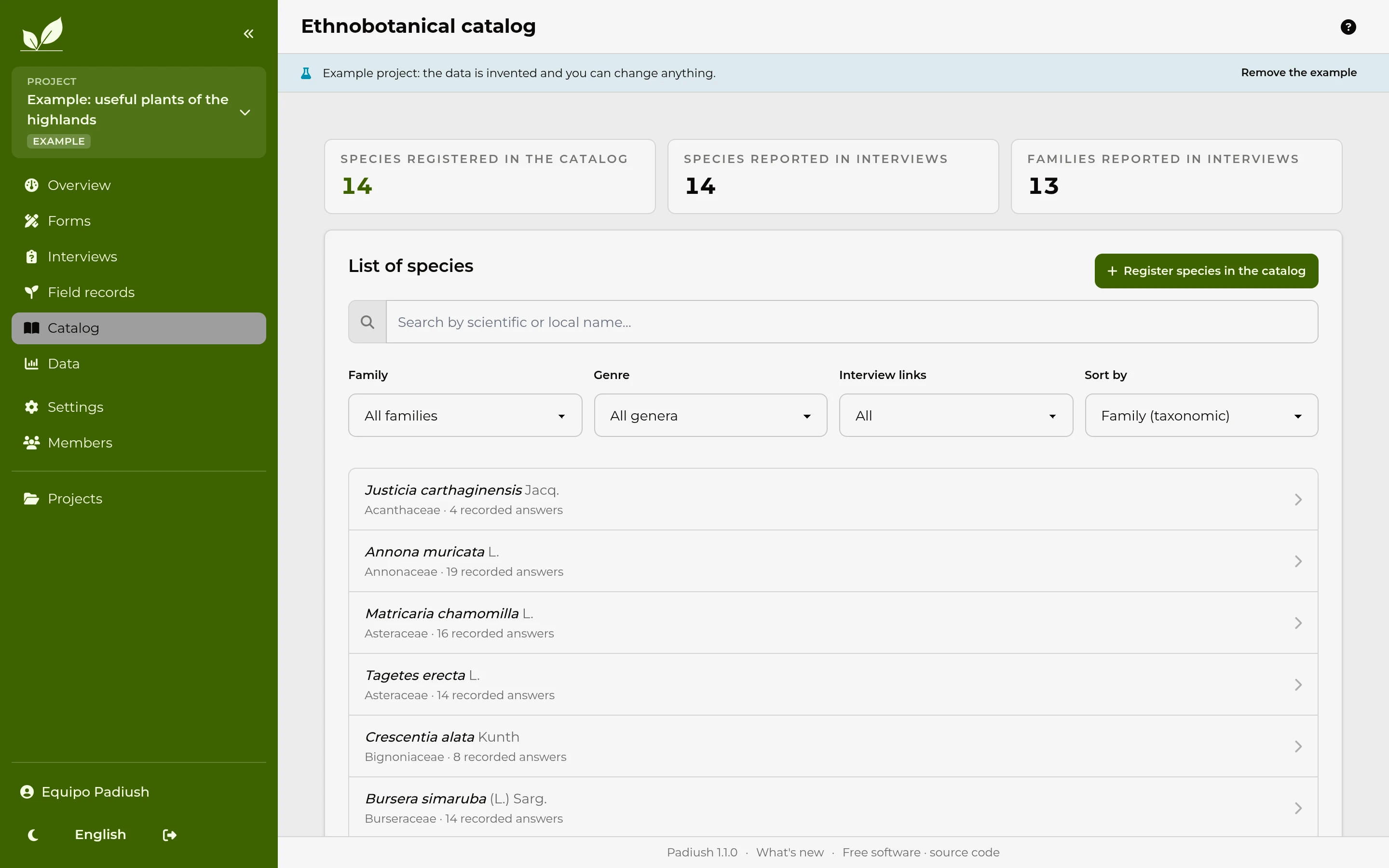 The project's species catalog, showing scientific name, authority and botanical family.