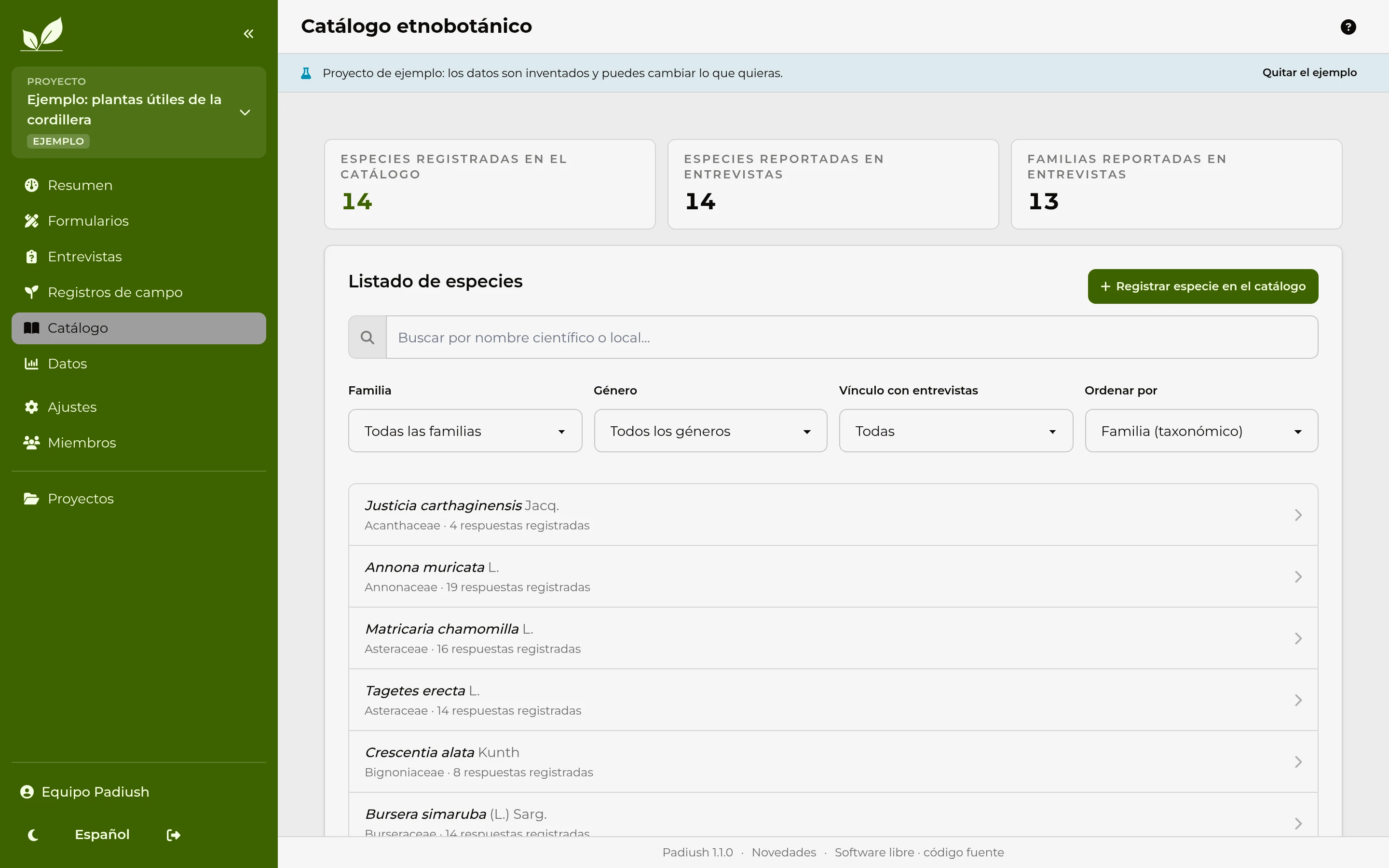 Catálogo de especies del proyecto, con nombre científico, autoría y familia botánica.