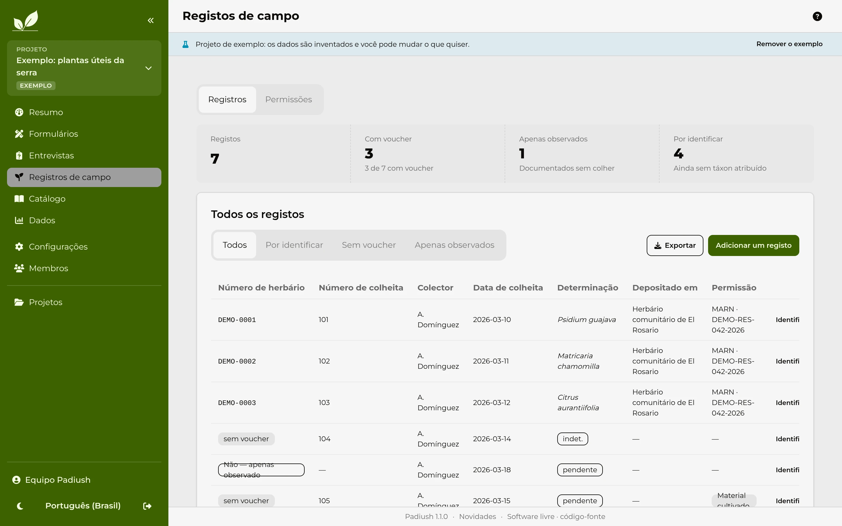 Lista de registros de campo de um projeto, com observações e exemplares coletados.